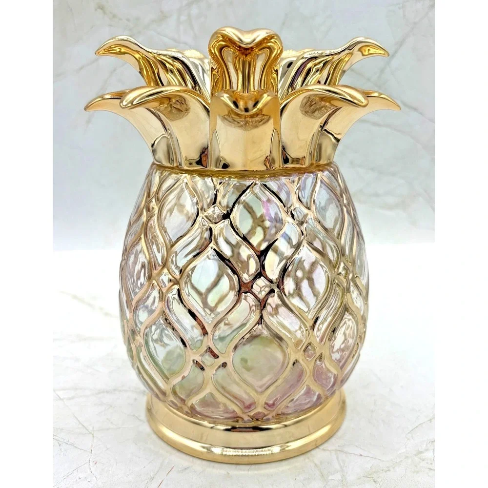Bath & Body Works Glass Pineapple 3-Wick‎ Candle Holder Pedestal Gold Iridescent